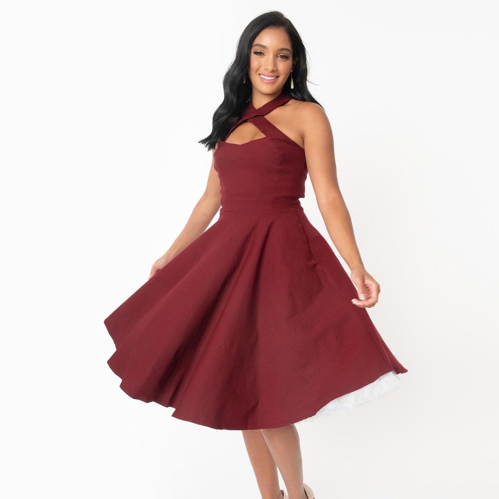 Unique Vintage 1950s Burgundy Halter Rita Flare